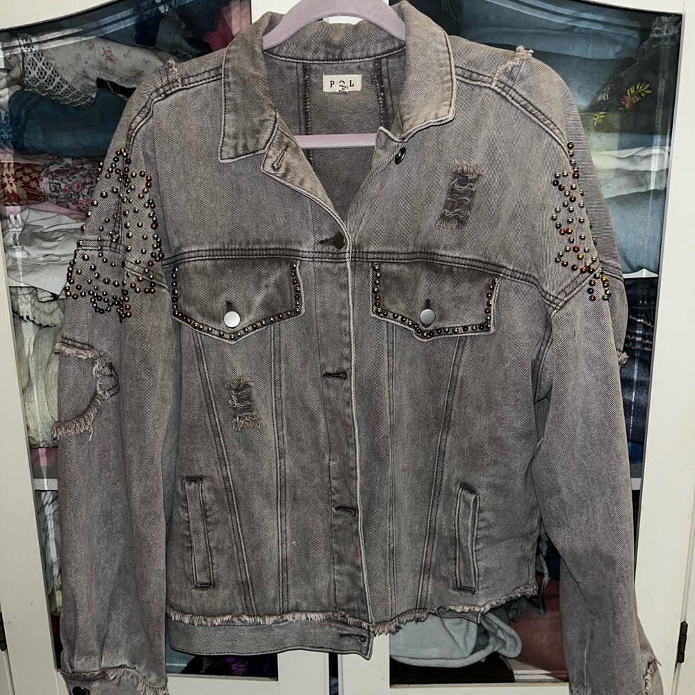 POL Gray denim jacket with awesome silver and rainbow studded embellishment - Picture 6 of 8